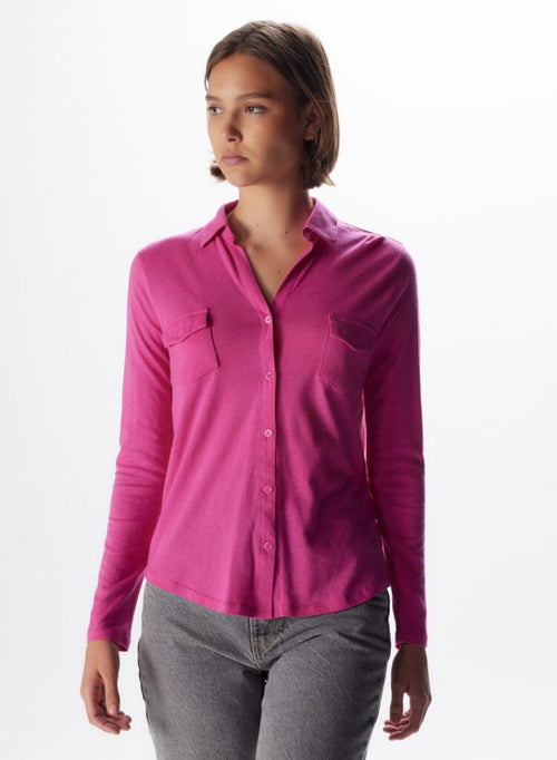 Camisa Rosa Neón con Mangas Largas de Algodón y Cachemira - MAJESTIC FILATURES