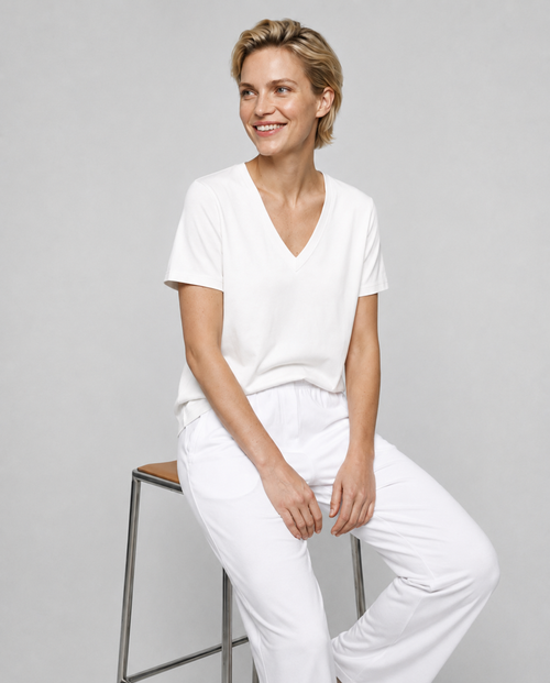 Camiseta blanca con cuello en V y manga corta de algodón orgánico/seda - MAJESTIC FILATURES