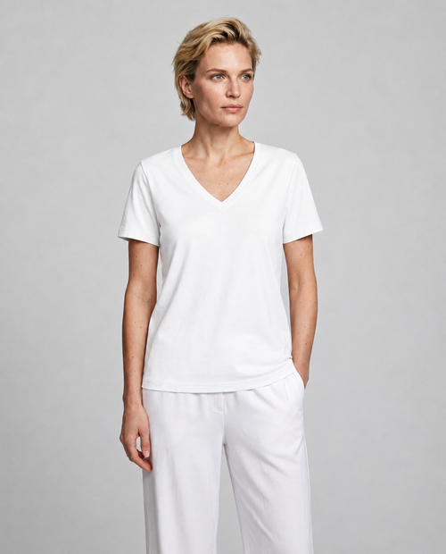 Camiseta blanca con cuello en V y manga corta de algodón orgánico/seda - MAJESTIC FILATURES