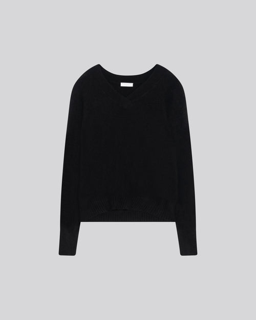 Pull Noir Col V Manches Longues en Raccoon - MAJESTIC FILATURES