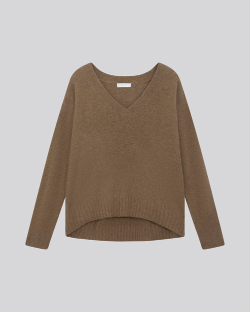 Beige V-Neck Long Sleeve Sweater in Raccoon wool / Polyamide - MAJESTIC FILATURES