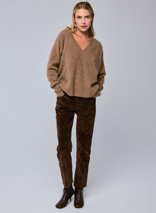 Beige V-Neck Long Sleeve Sweater in Raccoon wool / Polyamide - MAJESTIC FILATURES
