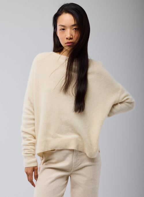 Weißer Langarmpullover mit Rundhalsausschnitt aus Raccon-Wolle / Polyamid - MAJESTIC FILATURES