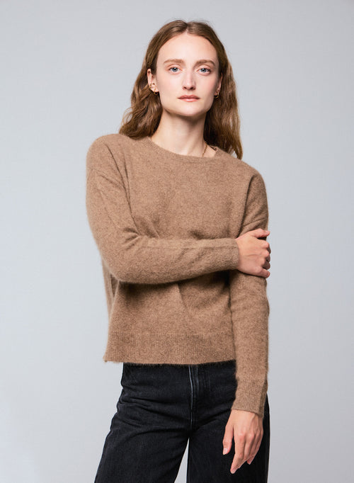 Beiger Pullover mit Rundhalsausschnitt und langen Ärmeln aus Raccoon-Wolle / Polyamid - MAJESTIC FILATURES