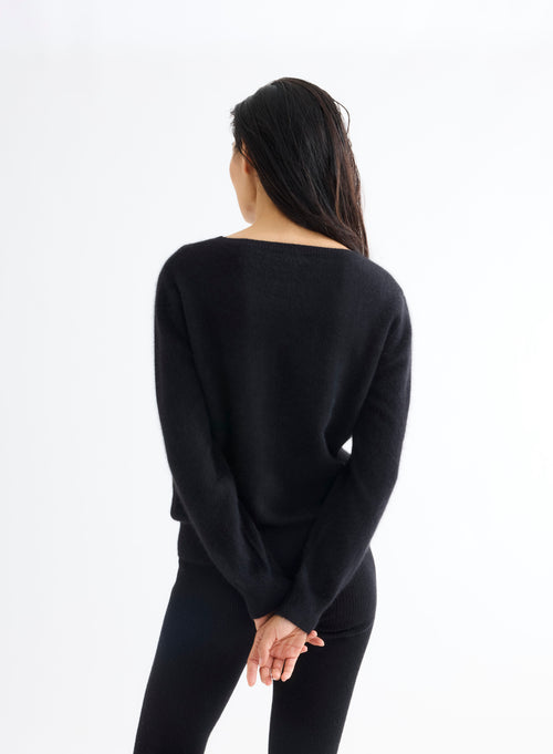 Pull Noir Col Bateau Manches Longues - MAJESTIC FILATURES