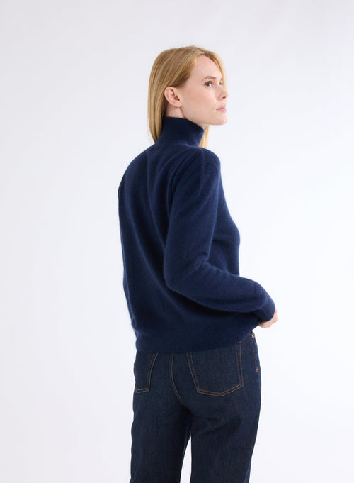 Marineblauer Stehkragen-Pullover mit langen Ärmeln - MAJESTIC FILATURES