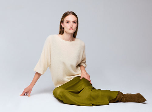 Pull Blanc Col Rond Manches Kimono en Raccoon / Polyamide - MAJESTIC FILATURES