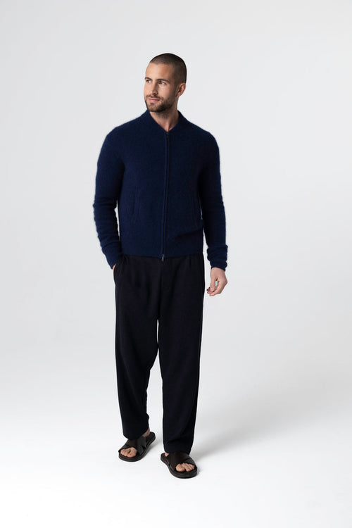 Navy Blue Round Neck Long Sleeves Cardigan in Raccoon / Polyamide - MAJESTIC FILATURES