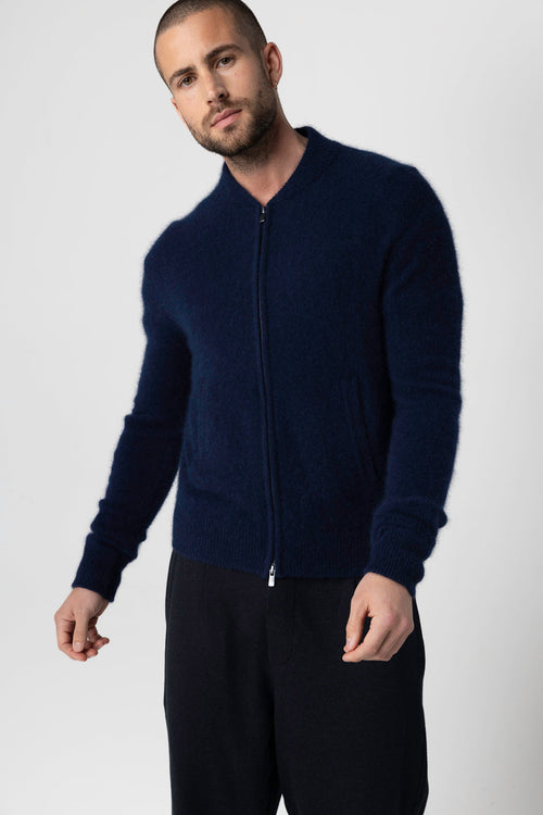 Chaleco azul marino de cuello redondo y manga larga en raccoon/poliamida - MAJESTIC FILATURES