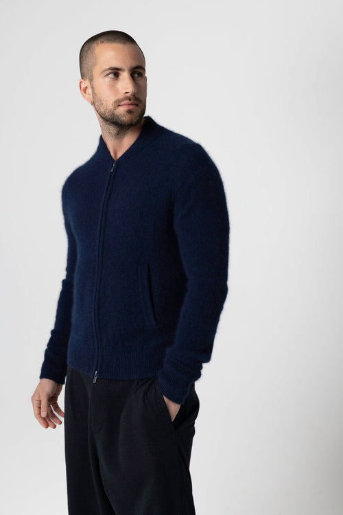 Navy Blue Round Neck Long Sleeves Cardigan in Raccoon / Polyamide - MAJESTIC FILATURES