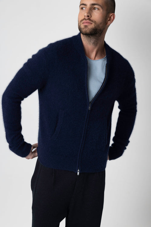Navy Blue Round Neck Long Sleeves Cardigan in Raccoon / Polyamide - MAJESTIC FILATURES