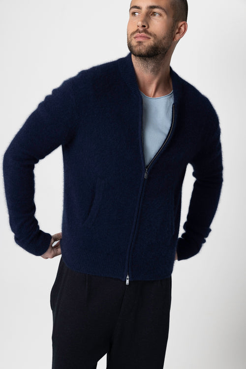 Gilet Marine Col Rond Manches Longues en Raccon wool / Polyamide - MAJESTIC FILATURES