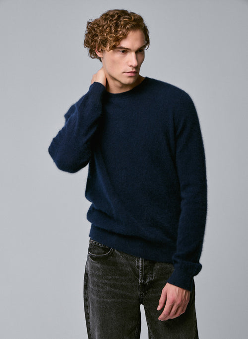 Navy Round Neck Long Sleeve Sweater in Raccon wool / Polyamide - MAJESTIC FILATURES