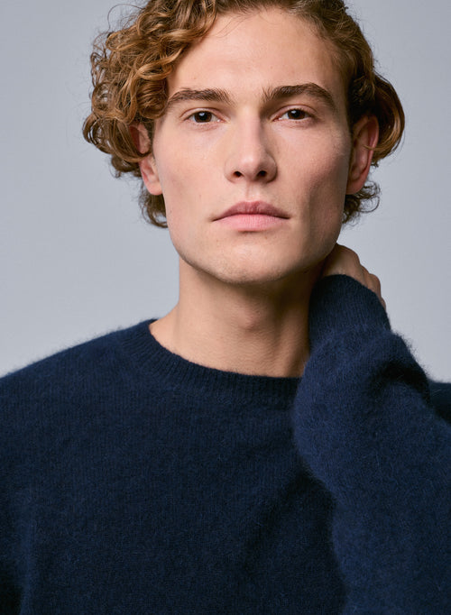 Navy Round Neck Long Sleeve Sweater in Raccon wool / Polyamide - MAJESTIC FILATURES