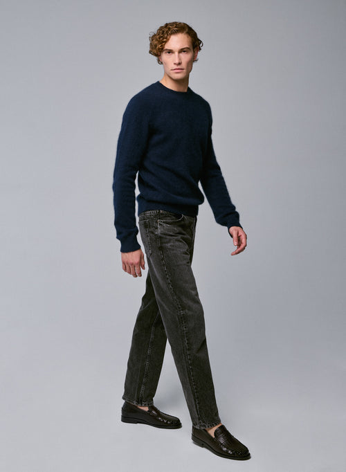 Navy Round Neck Long Sleeve Sweater in Raccon wool / Polyamide - MAJESTIC FILATURES
