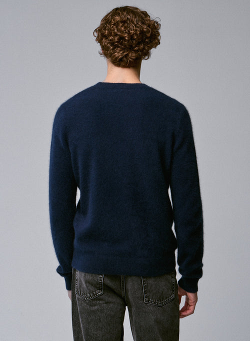Navy Round Neck Long Sleeve Sweater in Raccon wool / Polyamide - MAJESTIC FILATURES