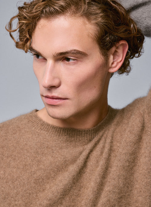 Beige Round Neck Long Sleeve Sweater in Raccon wool / Polyamide - MAJESTIC FILATURES