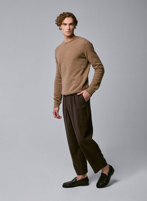 Beige Round Neck Long Sleeve Sweater in Raccon wool / Polyamide - MAJESTIC FILATURES
