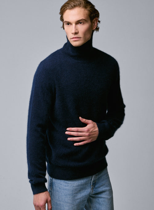 Navy Turtleneck Sweater Long Sleeves in Raccon wool / Polyamide - MAJESTIC FILATURES