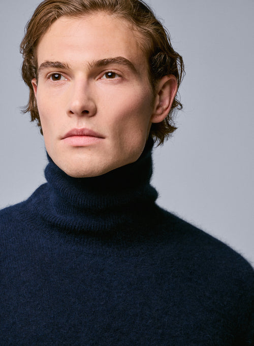 Navy Turtleneck Sweater Long Sleeves in Raccon wool / Polyamide - MAJESTIC FILATURES