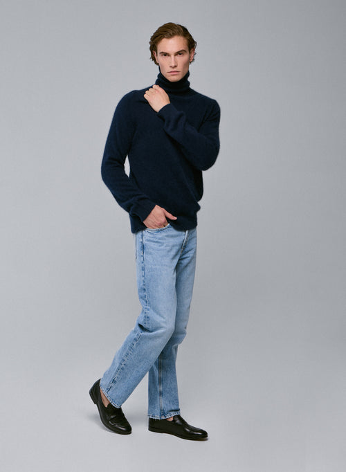 Navy Turtleneck Sweater Long Sleeves in Raccon wool / Polyamide - MAJESTIC FILATURES