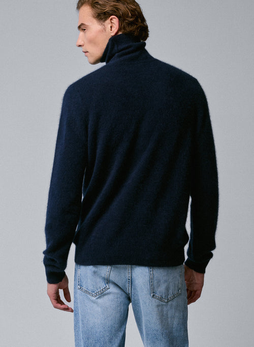 Navy Turtleneck Sweater Long Sleeves in Raccon wool / Polyamide - MAJESTIC FILATURES