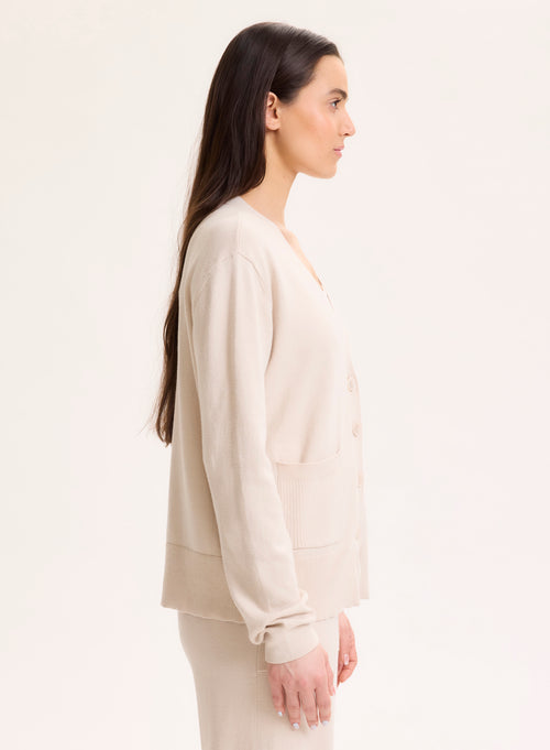 Beige V-neck Long-sleeved cardigan in organic cotton / Elastane - MAJESTIC FILATURES