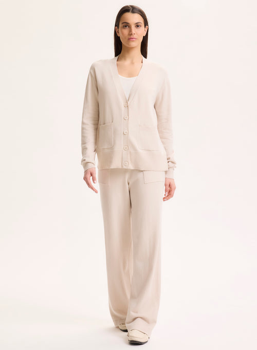 Beige V-neck Long-sleeved cardigan in organic cotton / Elastane - MAJESTIC FILATURES