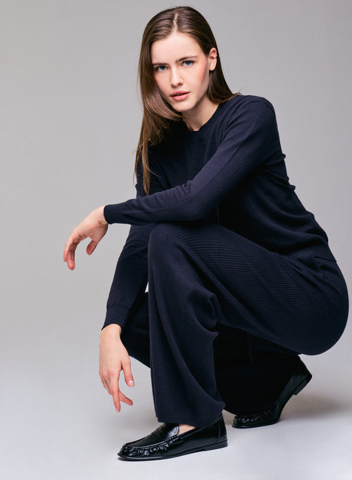 Navy Sweater Round Neck Long Sleeve in Organic Cotton / Elastane - MAJESTIC FILATURES