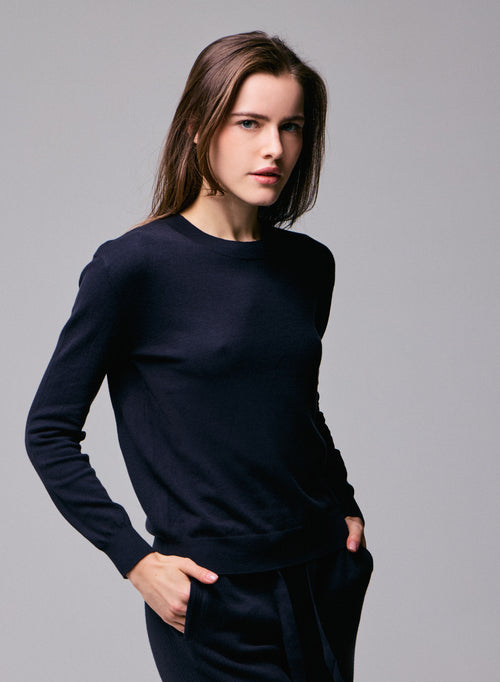 Marineblauer Pullover Rundhalsausschnitt Langarm aus Bio-Baumwolle / Elasthan - MAJESTIC FILATURES