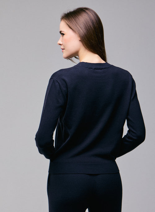 Navy Sweater Round Neck Long Sleeve in Organic Cotton / Elastane - MAJESTIC FILATURES