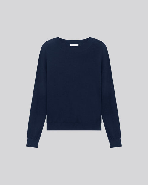 Navy Sweater Round Neck Long Sleeve in Organic Cotton / Elastane - MAJESTIC FILATURES