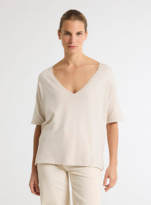 Pull beige Col V Manches Courtes - MAJESTIC FILATURES