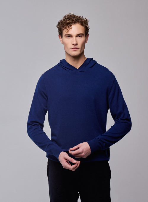 Pull Bleu Capuche Manches Longues en Coton organique / Elasthanne - MAJESTIC FILATURES