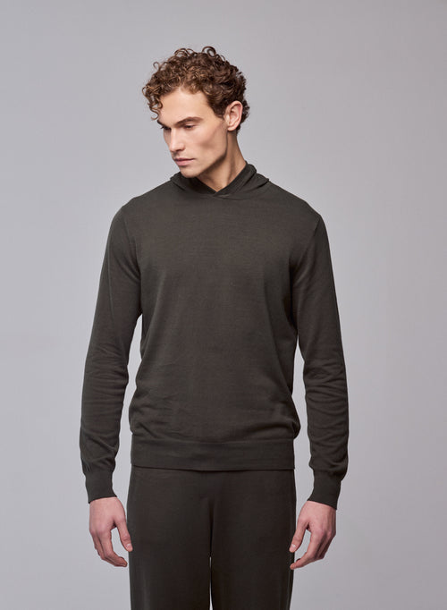 Green hooded sweater with long sleeves in organic cotton / elastane - MAJESTIC FILATURES