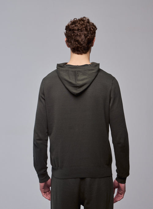 Green hooded sweater with long sleeves in organic cotton / elastane - MAJESTIC FILATURES