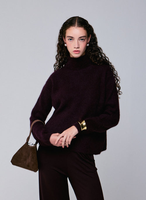 Pull Aubergine Col Roulé Manches Longues en Laine / Fox / Polyamide - MAJESTIC FILATURES