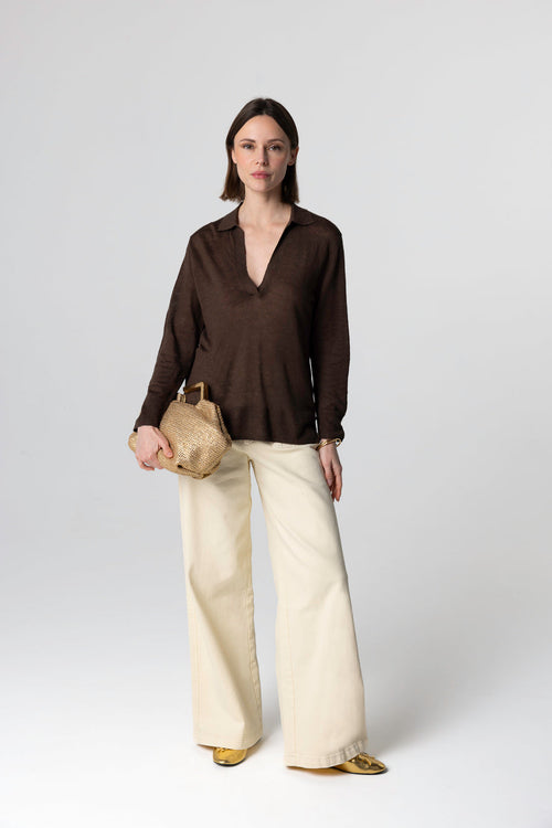 Polo Marron Foncé Manches Trois quarts en Lin - MAJESTIC FILATURES