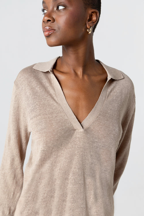 Polo mit Dreiviertelärmeln aus Leinen in Wüstensandfarbe - MAJESTIC FILATURES