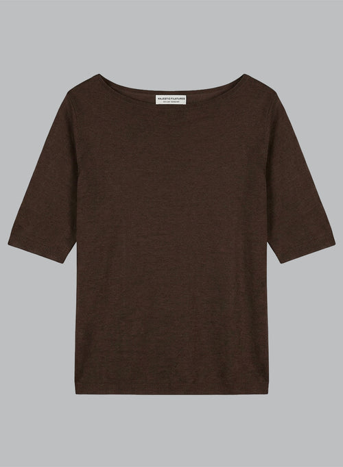 Jersey marrón oscuro de cuello redondo y manga corta de lino - MAJESTIC FILATURES
