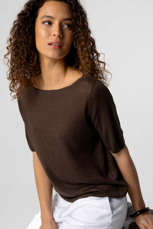 Dark Brown Sweater with Round Neck Short Sleeves in Linen - MAJESTIC FILATURES
