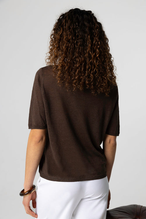 Dark Brown Sweater with Round Neck Short Sleeves in Linen - MAJESTIC FILATURES