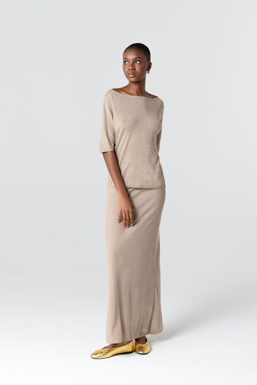 Pull Beige Col Rond Manches Courtes en Lin - MAJESTIC FILATURES