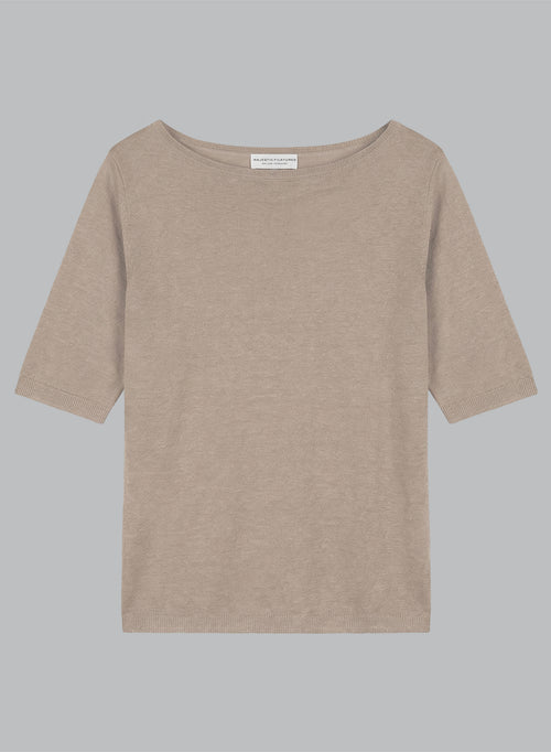 Pull Beige Col Rond Manches Courtes en Lin - MAJESTIC FILATURES