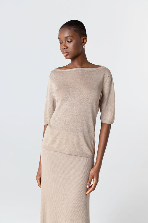 Pull Beige Col Rond Manches Courtes en Lin - MAJESTIC FILATURES