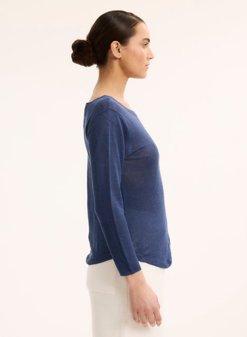 Pull Bleu Col Bateau Manches Trois quarts - MAJESTIC FILATURES