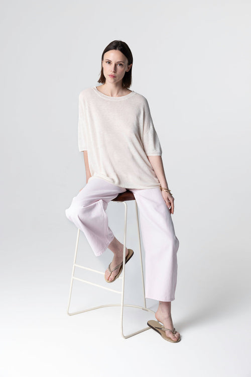 Cream Sweater Round Neck Short Sleeves in Linen - MAJESTIC FILATURES