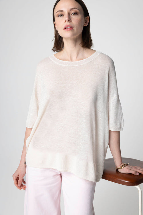 Cream Sweater Round Neck Short Sleeves in Linen - MAJESTIC FILATURES