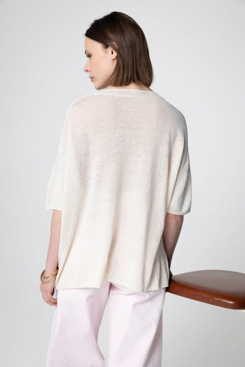 Cream Sweater Round Neck Short Sleeves in Linen - MAJESTIC FILATURES