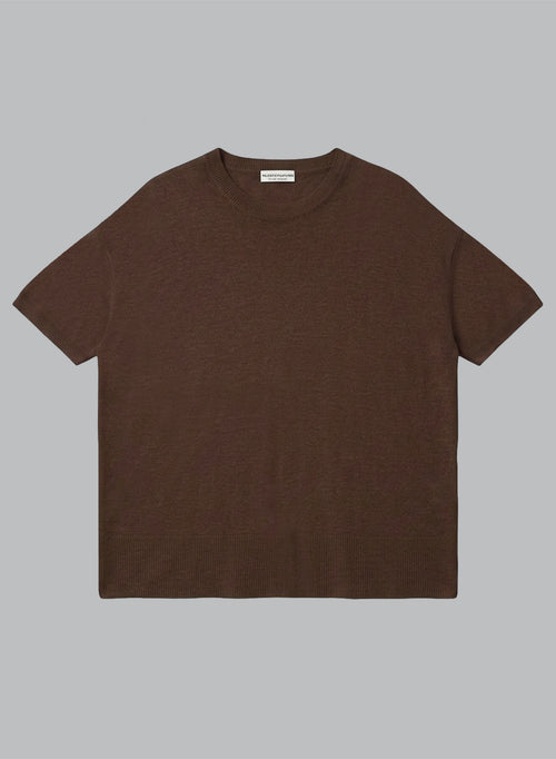 Dark Brown Round-Neck Short-Sleeve Linen Sweater - MAJESTIC FILATURES